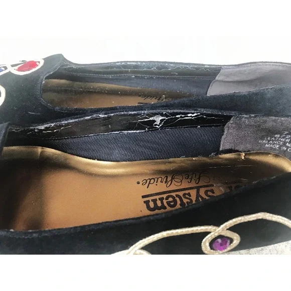 vintage 80s COLORFUL JEWELS black suede pointy FLATS unique avant garde rainbow - Picture 8 of 10